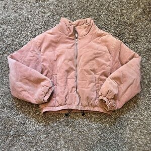 Pink puffer jacket suede
